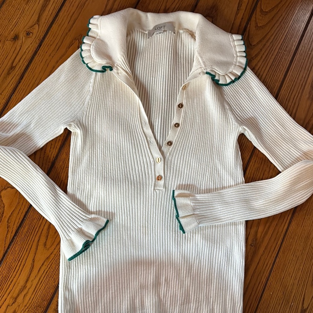 White Ribbed Sweater with Green Trim